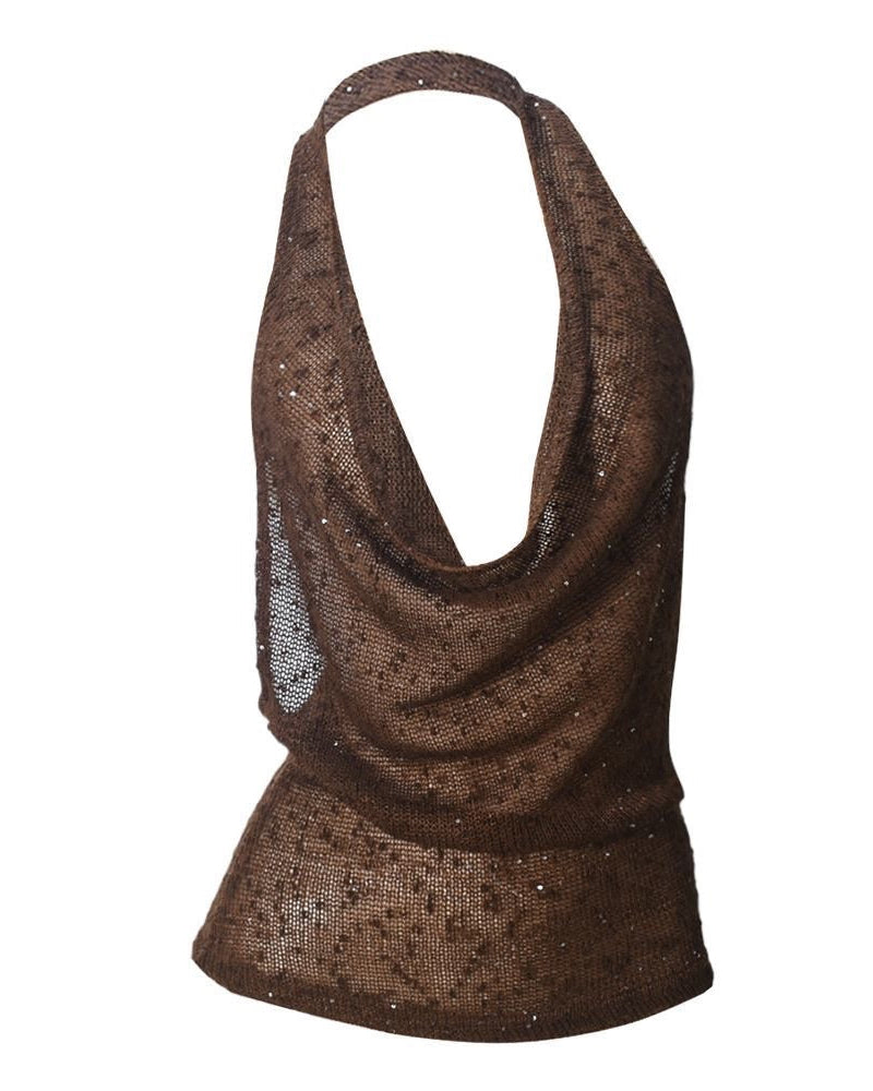 Brown mesh halter top background slabel
brown shimmer, shimmery, sparkle top
mesh sequin top