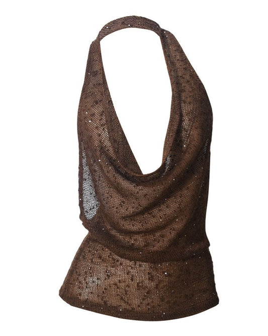 Brown mesh halter top background slabel
brown shimmer, shimmery, sparkle top
mesh sequin top